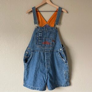 Vintage 90s B.U.M. Equipment Denim Short Overalls | Orange Mesh Lined | L